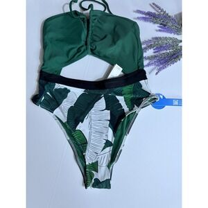 CUPSHE One Piece Swimsuit Women Swimwear Jacquard V-Neck Green High Waist Size L